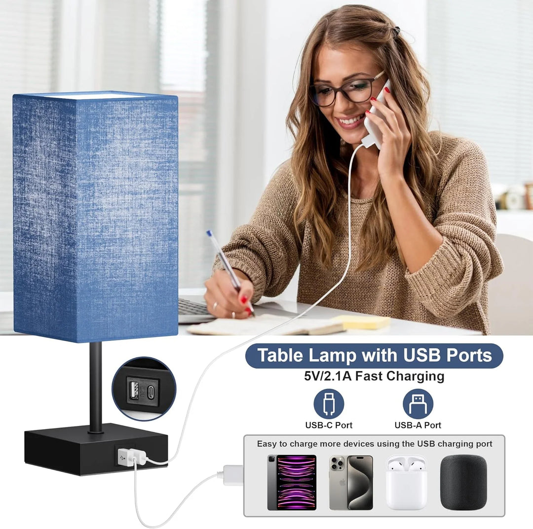 Bedside Table Lamp for Bedroom Set of 2,3 Way Dimmable Touch Lamp with USB C+A Charging Ports, LED Bulbs Included
