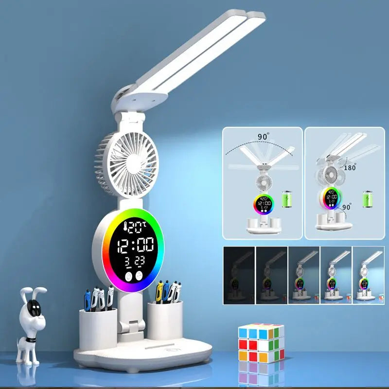 Led Table Lamp Rechargeable for Study Desk Lamp Reading Night Light with Fan Clock Dispaly Room Bedside Reading Led Desk Lights