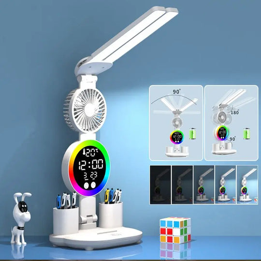 Led Table Lamp Rechargeable for Study Desk Lamp Reading Night Light with Fan Clock Dispaly Room Bedside Reading Led Desk Lights