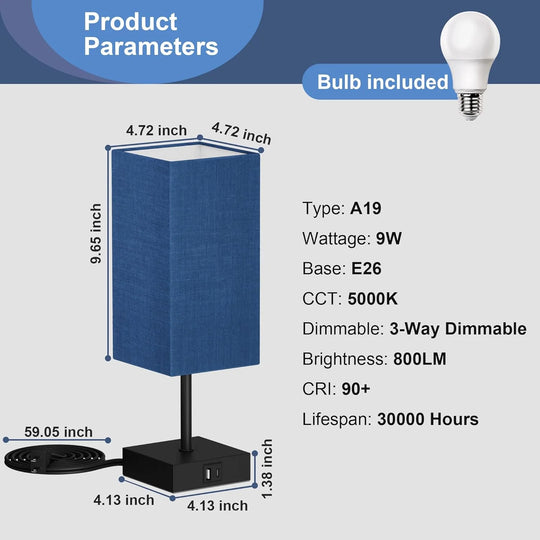 Bedside Table Lamp for Bedroom Set of 2,3 Way Dimmable Touch Lamp with USB C+A Charging Ports, LED Bulbs Included