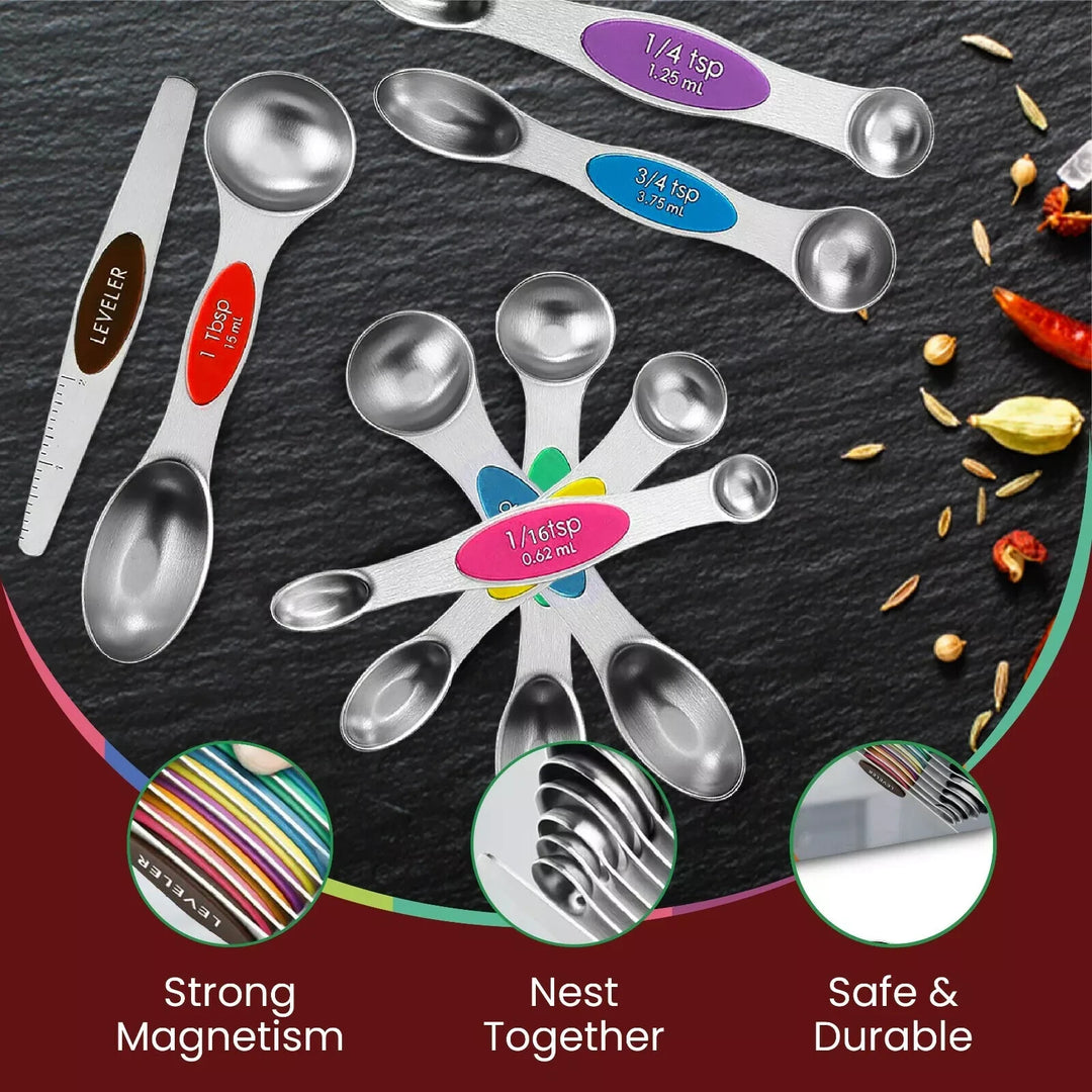 Magnetic Dual Sided Measuring Spoons W/ Leveler Stainless Kitchen Tool -Set of 9