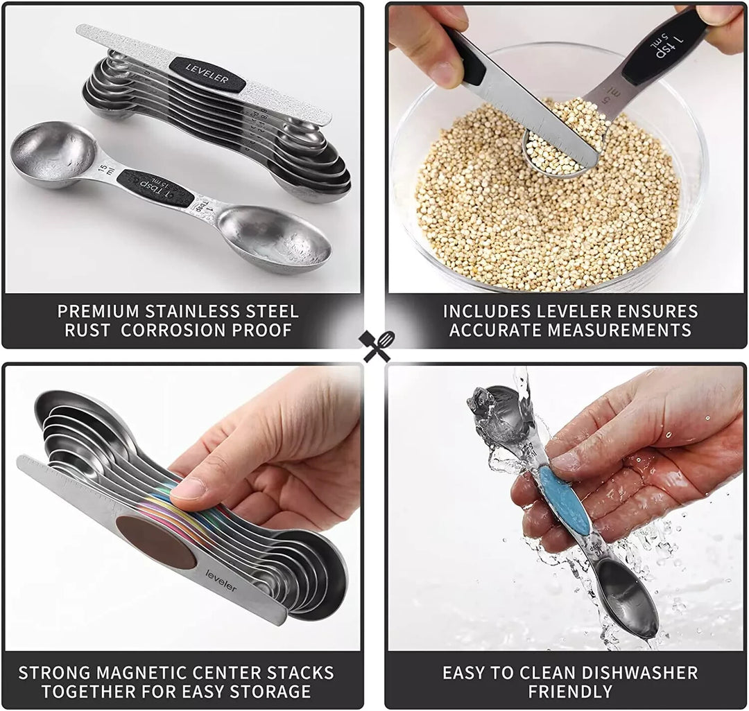 Magnetic Dual Sided Measuring Spoons W/ Leveler Stainless Kitchen Tool -Set of 9