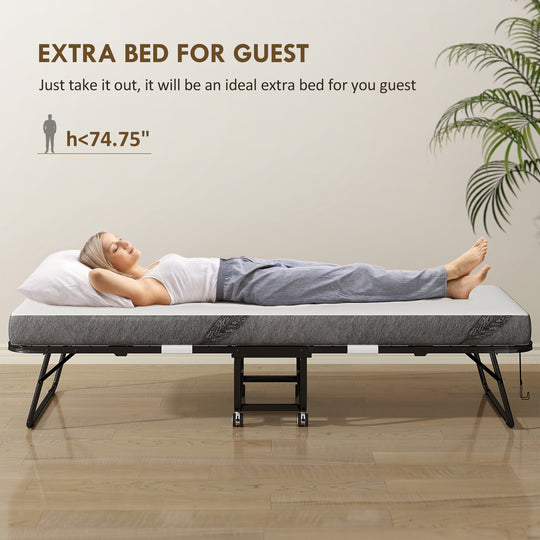 Folding Bed with Mattress for Adults, Single Size, Portable Foldable Bed with Memory Foam Mattress &amp; Steel Frame, White