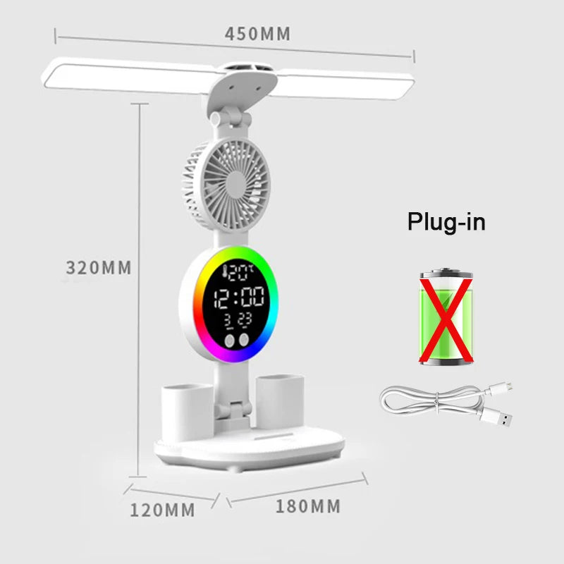 Led Table Lamp Rechargeable for Study Desk Lamp Reading Night Light with Fan Clock Dispaly Room Bedside Reading Led Desk Lights