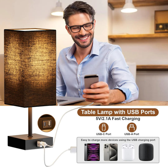 Bedside Table Lamps Set of 2, Touch Bedroom Lamp with USB C+A Charging Ports, 3 Way Dimmable Lamps for Night Stands, LED Bulbs Included