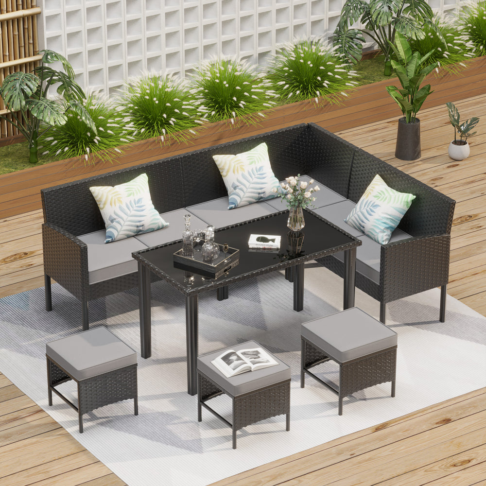 Small Space Patio Furniture 7-piece Outdoor Furniture Set, Backyard Furniture Set, Waterproof Seat Cushion, Glass Table, Space Saving, Suitable For Backyard, Terrace Or Garden,blue,grey