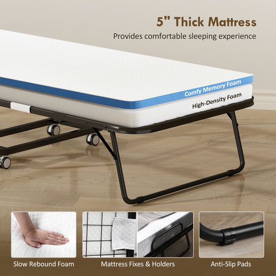 Folding Bed with Mattress for Adults, Single Size, Portable Foldable Bed with Memory Foam Mattress &amp; Steel Frame, White