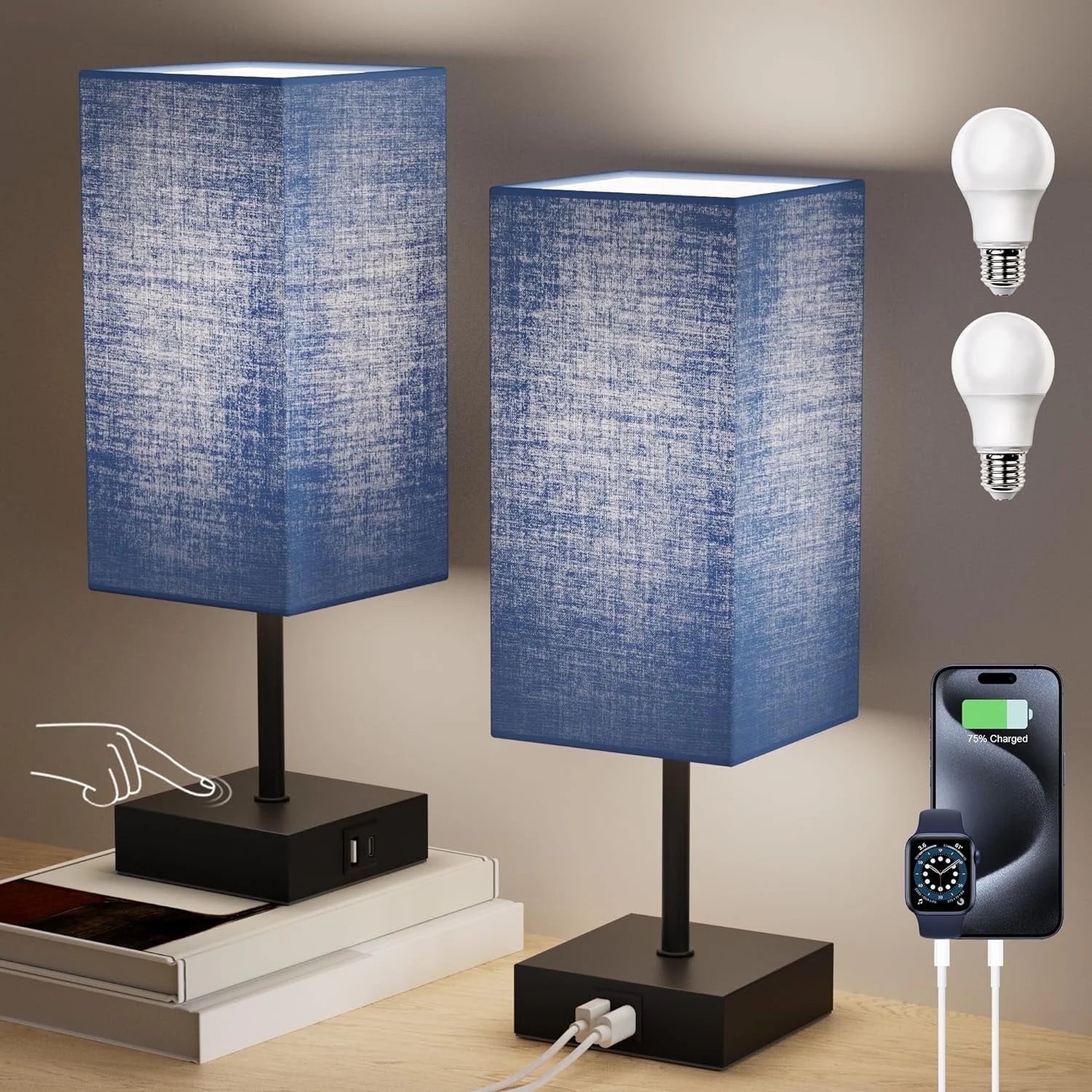 Bedside Table Lamp for Bedroom Set of 2,3 Way Dimmable Touch Lamp with USB C+A Charging Ports, LED Bulbs Included