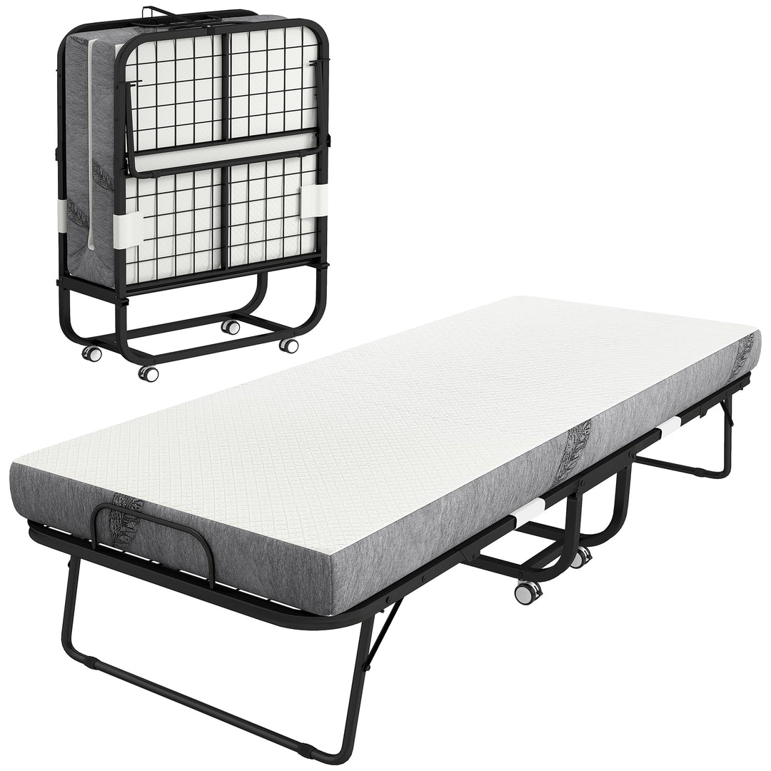 Folding Bed with Mattress for Adults, Single Size, Portable Foldable Bed with Memory Foam Mattress &amp; Steel Frame, White
