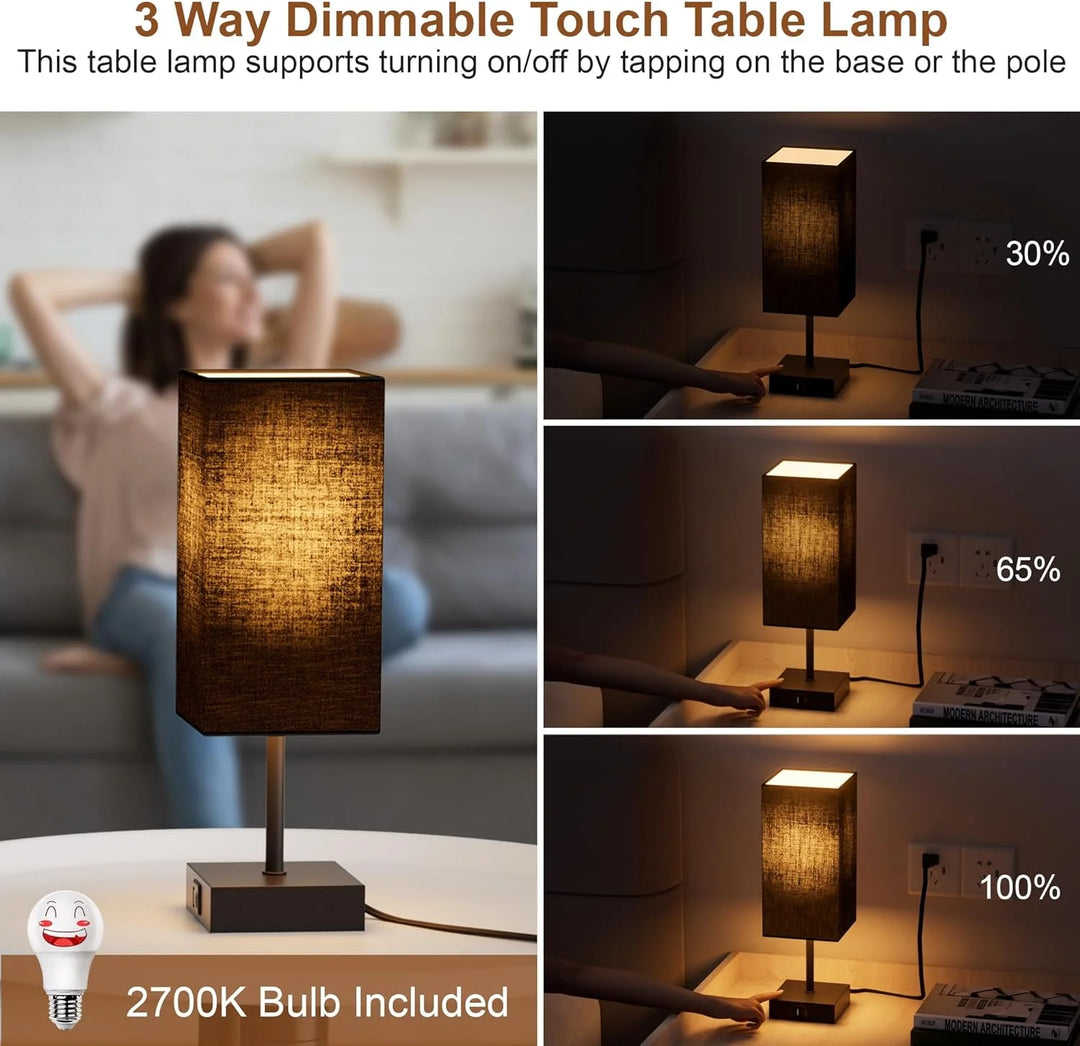 Bedside Table Lamps Set of 2, Touch Bedroom Lamp with USB C+A Charging Ports, 3 Way Dimmable Lamps for Night Stands, LED Bulbs Included