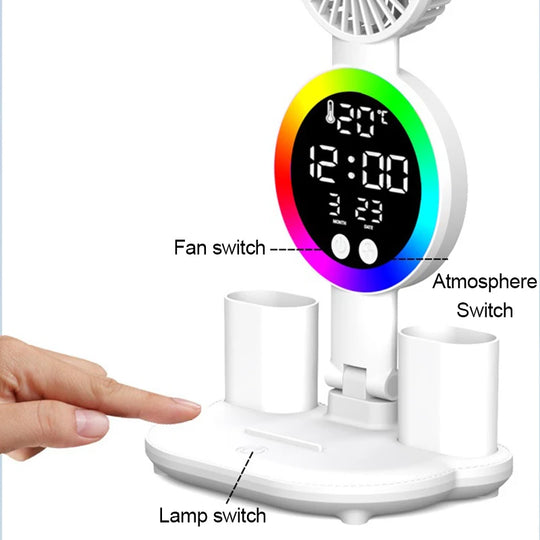 Led Table Lamp Rechargeable for Study Desk Lamp Reading Night Light with Fan Clock Dispaly Room Bedside Reading Led Desk Lights