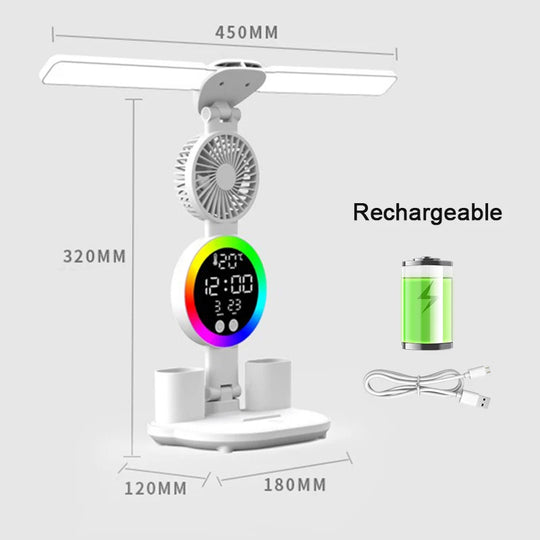 Led Table Lamp Rechargeable for Study Desk Lamp Reading Night Light with Fan Clock Dispaly Room Bedside Reading Led Desk Lights