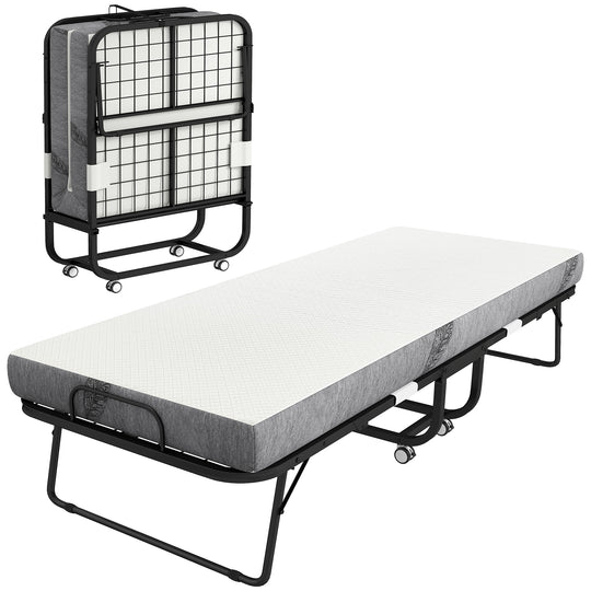 Folding Bed with Mattress for Adults, Single Size, Portable Foldable Bed with Memory Foam Mattress &amp; Steel Frame, White