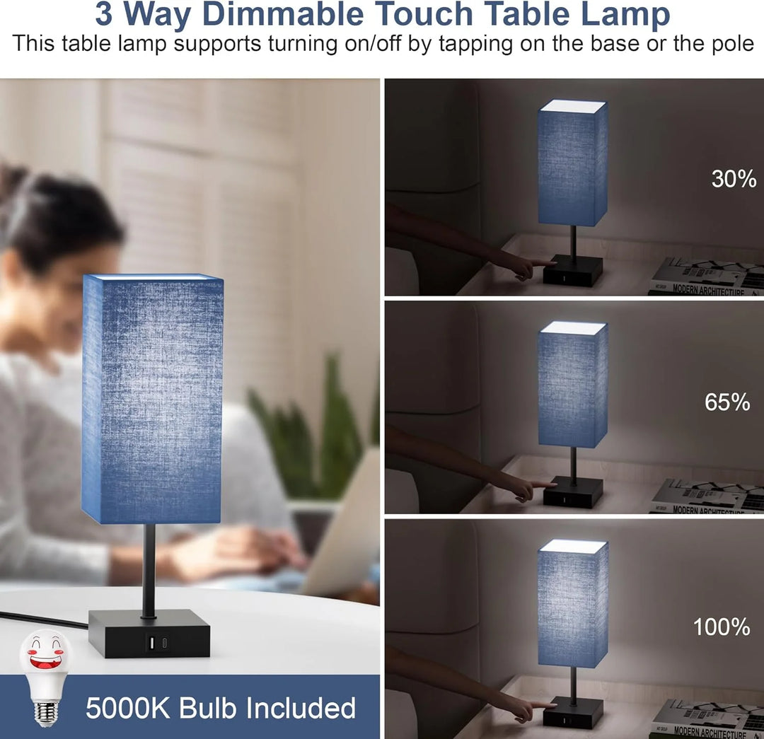 Bedside Table Lamp for Bedroom Set of 2,3 Way Dimmable Touch Lamp with USB C+A Charging Ports, LED Bulbs Included