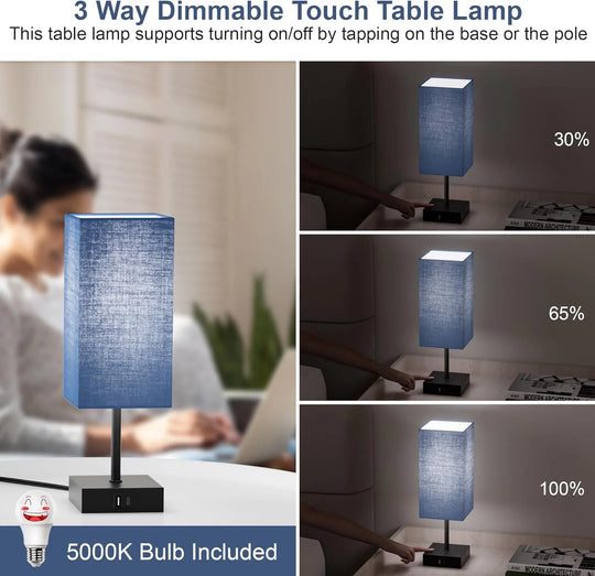 Bedside Table Lamp for Bedroom Set of 2,3 Way Dimmable Touch Lamp with USB C+A Charging Ports, LED Bulbs Included