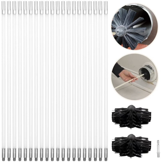 Chimney Cleaning Brush Kit, 23PCS Chimney Sweep Kit, Duct Vent Cleaning Tool with 20 Flexible Rods, 2 Brush Heads, 1 Drill Connector, Cleaning Brush for Dryer Vents, Fireplaces, Fume Hoods
