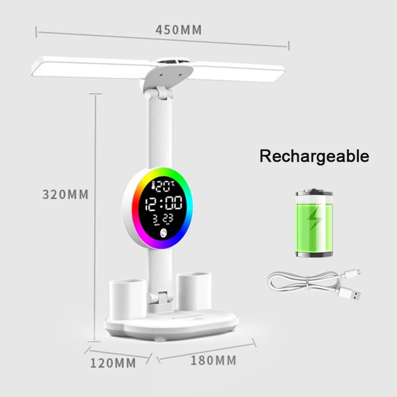 Led Table Lamp Rechargeable for Study Desk Lamp Reading Night Light with Fan Clock Dispaly Room Bedside Reading Led Desk Lights