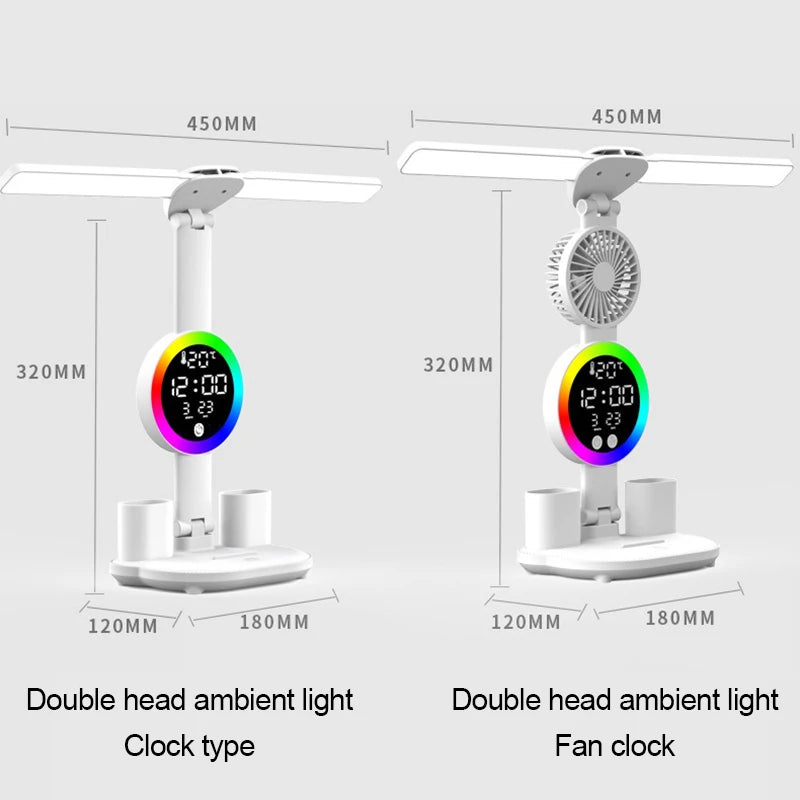 Led Table Lamp Rechargeable for Study Desk Lamp Reading Night Light with Fan Clock Dispaly Room Bedside Reading Led Desk Lights