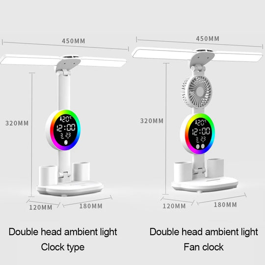 Led Table Lamp Rechargeable for Study Desk Lamp Reading Night Light with Fan Clock Dispaly Room Bedside Reading Led Desk Lights
