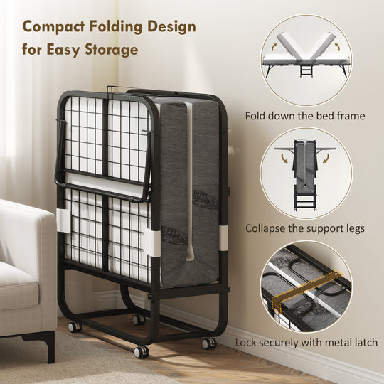 Folding Bed with Mattress for Adults, Single Size, Portable Foldable Bed with Memory Foam Mattress &amp; Steel Frame, White