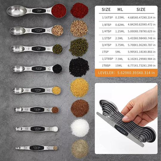 Magnetic Dual Sided Measuring Spoons W/ Leveler Stainless Kitchen Tool -Set of 9