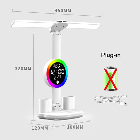 Led Table Lamp Rechargeable for Study Desk Lamp Reading Night Light with Fan Clock Dispaly Room Bedside Reading Led Desk Lights