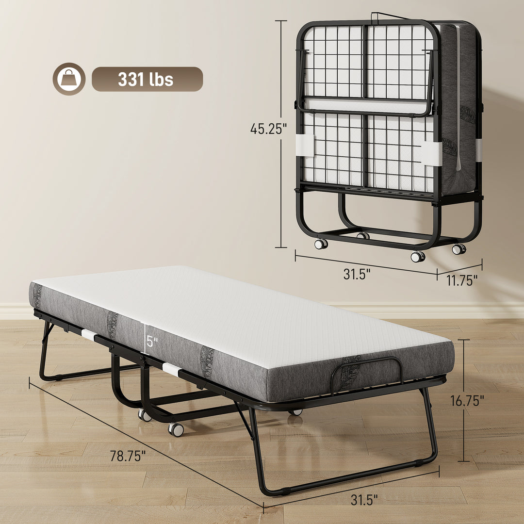 Folding Bed with Mattress for Adults, Single Size, Portable Foldable Bed with Memory Foam Mattress &amp; Steel Frame, White