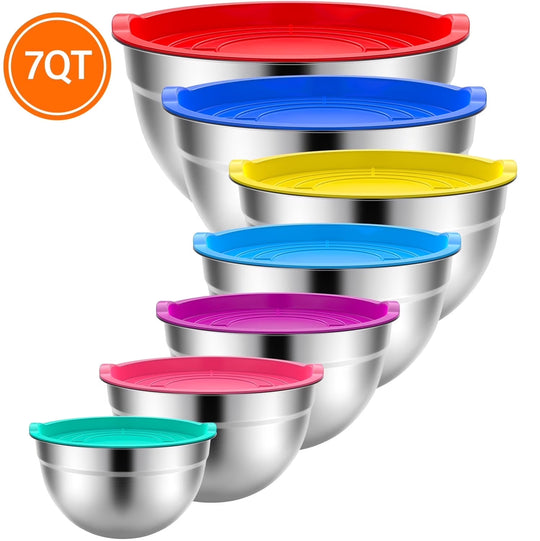 Mixing Bowls with Lids: 7 Pack Stainless Steel Mixing Bowls Set, Metal Nesting Mixing Bowls for Kitchen, 7/4.5/3.0/2.0/1.5/1.0/0.7QT, Great for Prep, Baking, Serving, Multicolor